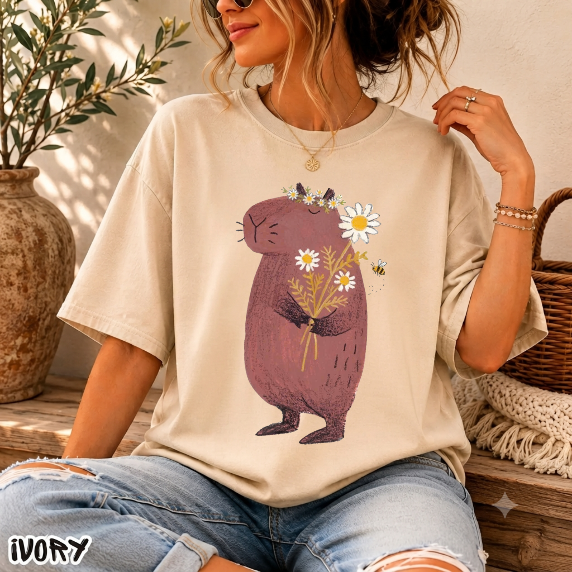 Comfort Color Cute Capybara with Daisy Bouquet Graphic T-Shirt - Unisex Cotton Tee