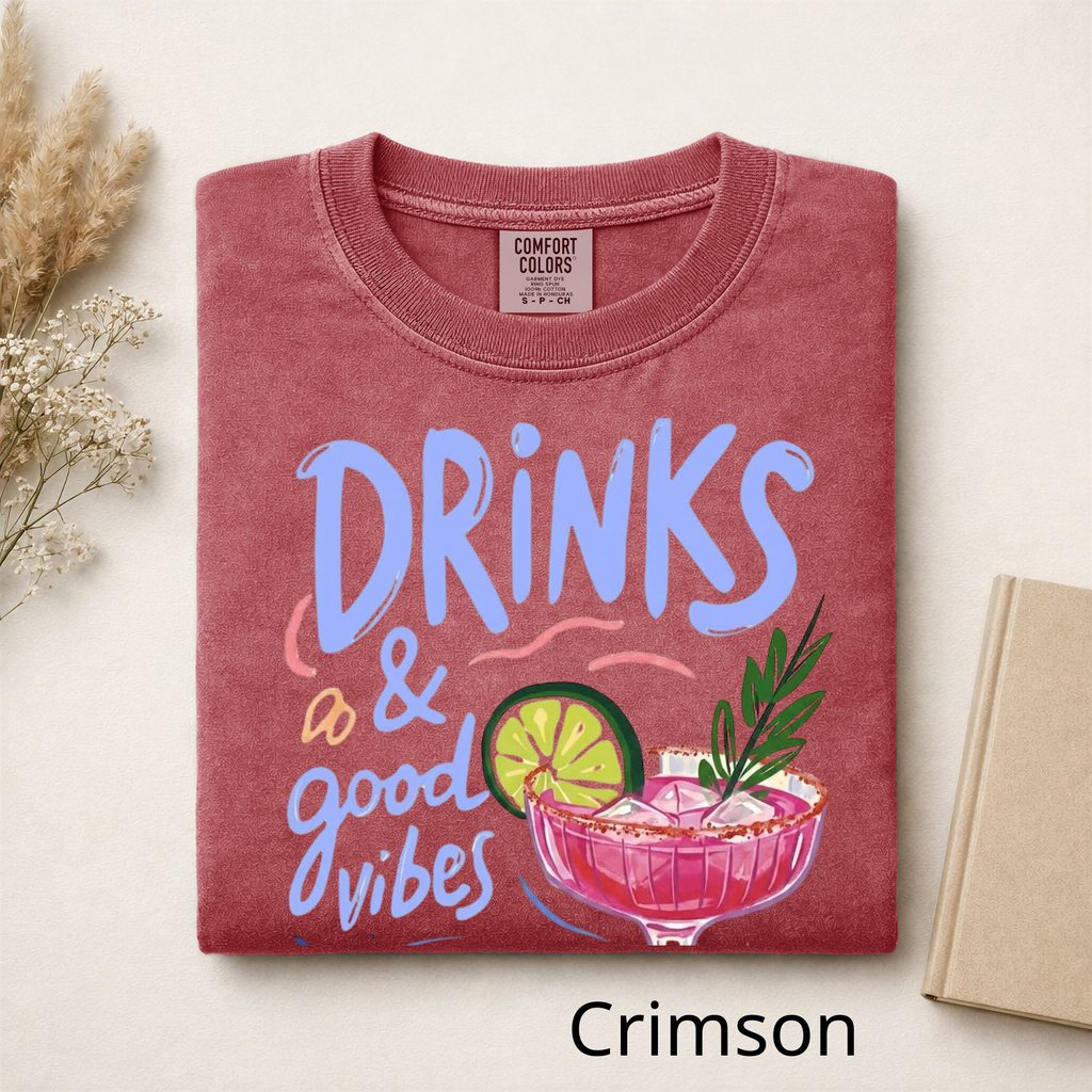 Drinks & Good Vibes Graphic T-Shirt, Cute Cocktail Lover Tee, Retro Summer Party Shirt, Casual Cotton Apparel