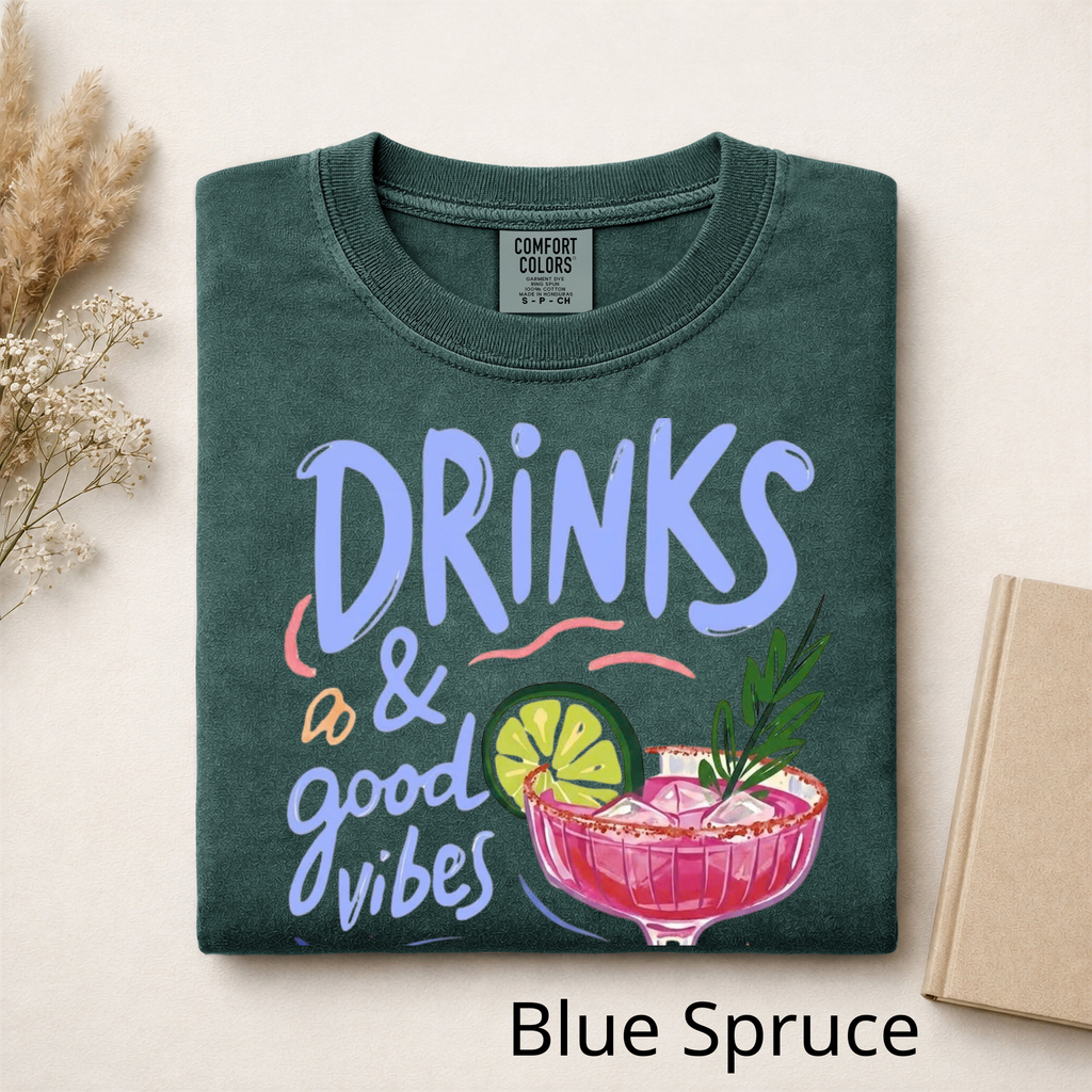 Drinks & Good Vibes Graphic T-Shirt, Cute Cocktail Lover Tee, Retro Summer Party Shirt, Casual Cotton Apparel