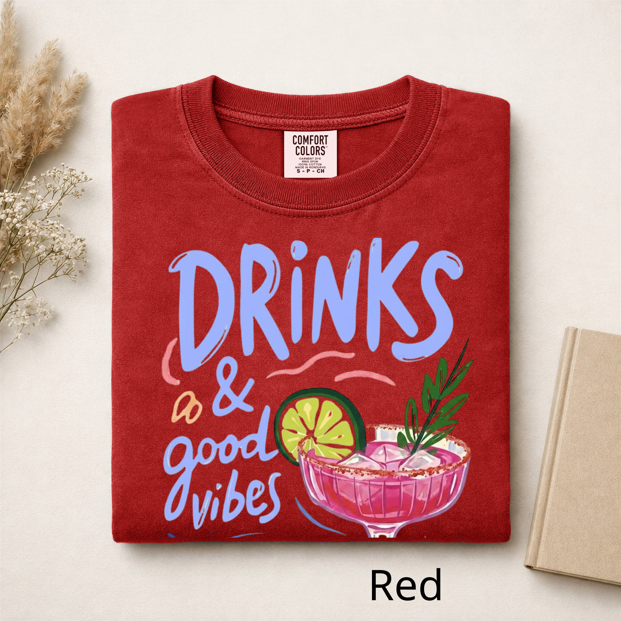 Drinks & Good Vibes Graphic T-Shirt, Cute Cocktail Lover Tee, Retro Summer Party Shirt, Casual Cotton Apparel