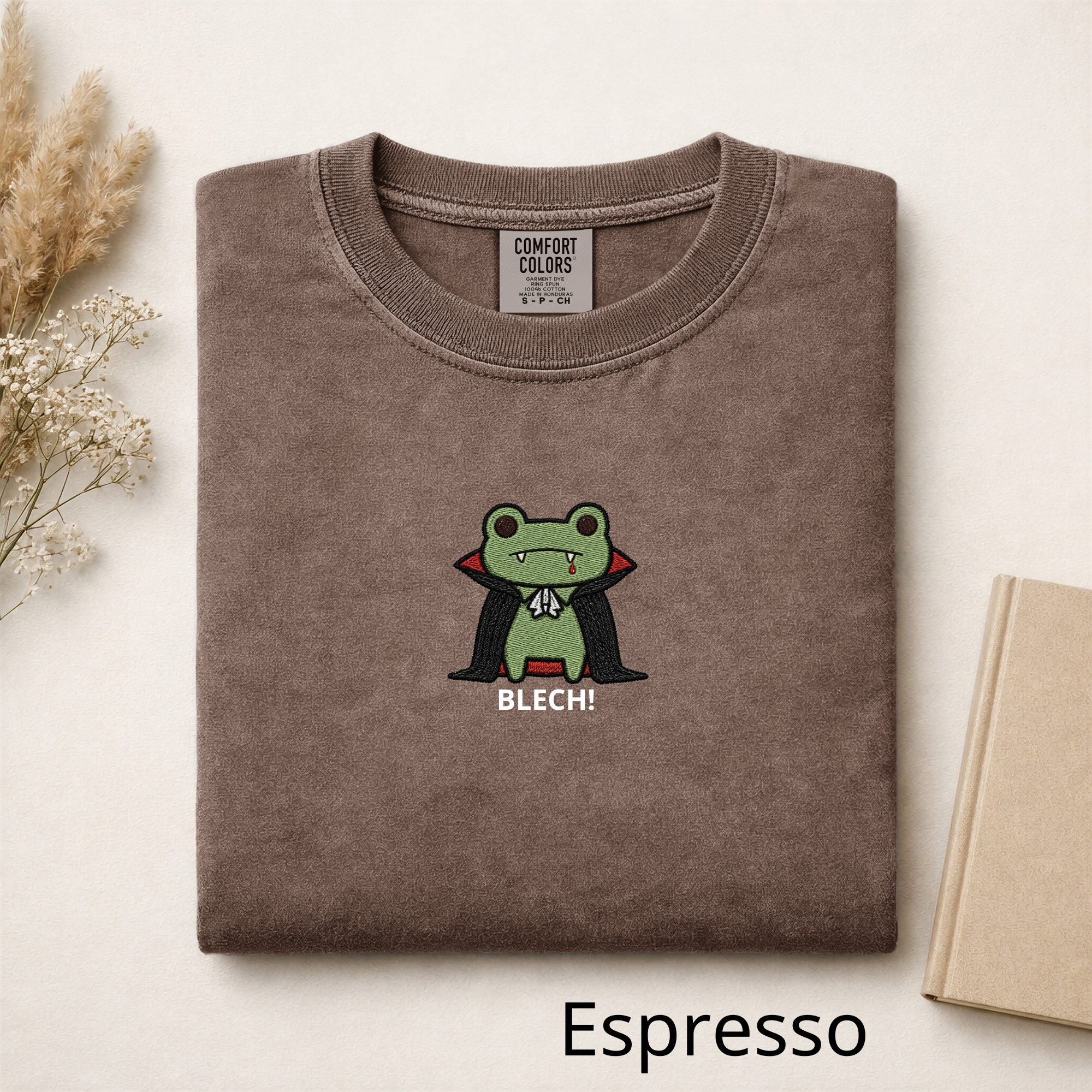 Vampire Frog Embroidered T-Shirt, Blech Cute Frog Tee, Spooky Season Aesthetic Shirt, Funny Gothic Animal Embroidery Gift