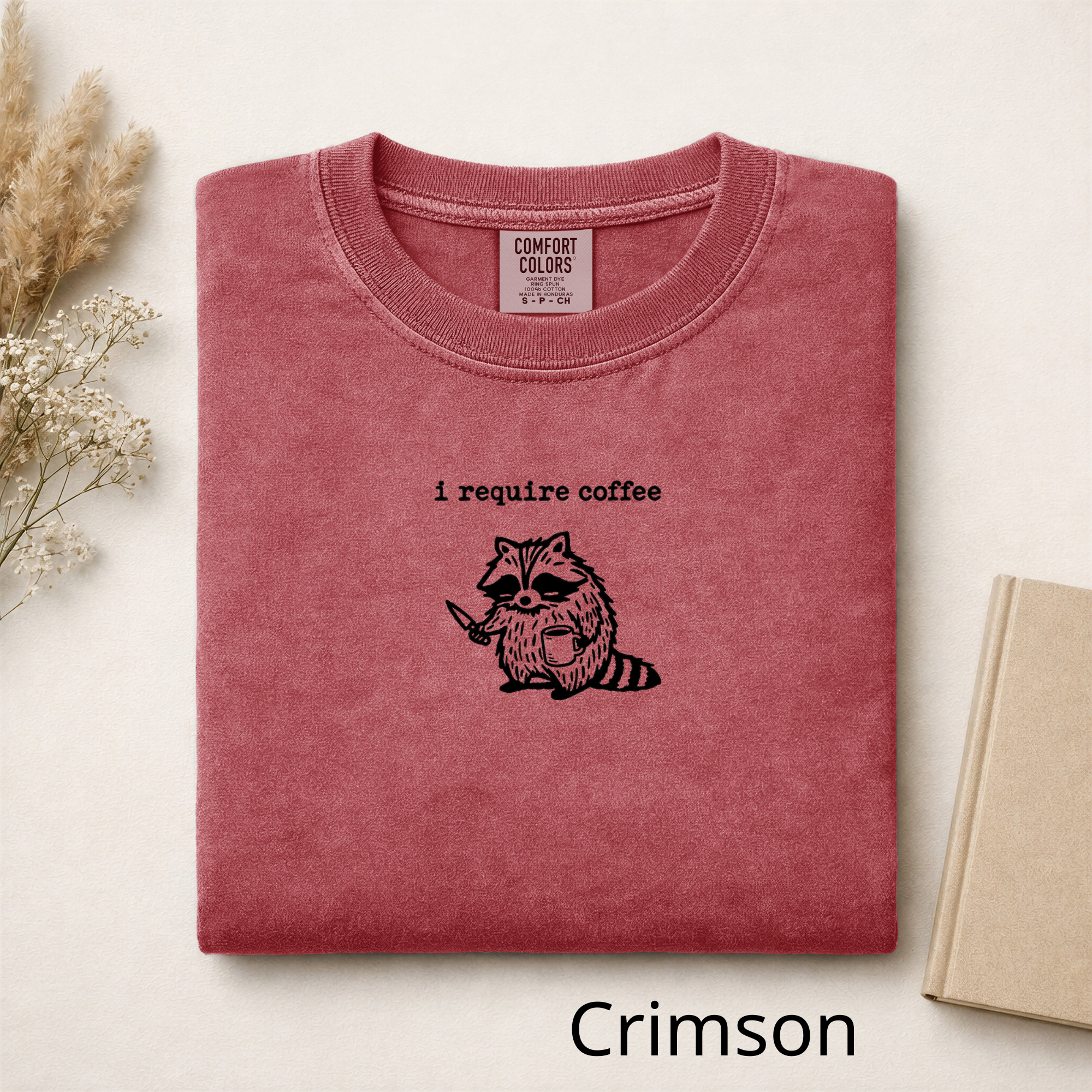 I Require Coffee Tee, Embroidered Raccoon Shirt, Funny Comfort Colors T-shirt, Coffee Lover Gift, Chaotic Cozy Shirt, Weirdcore