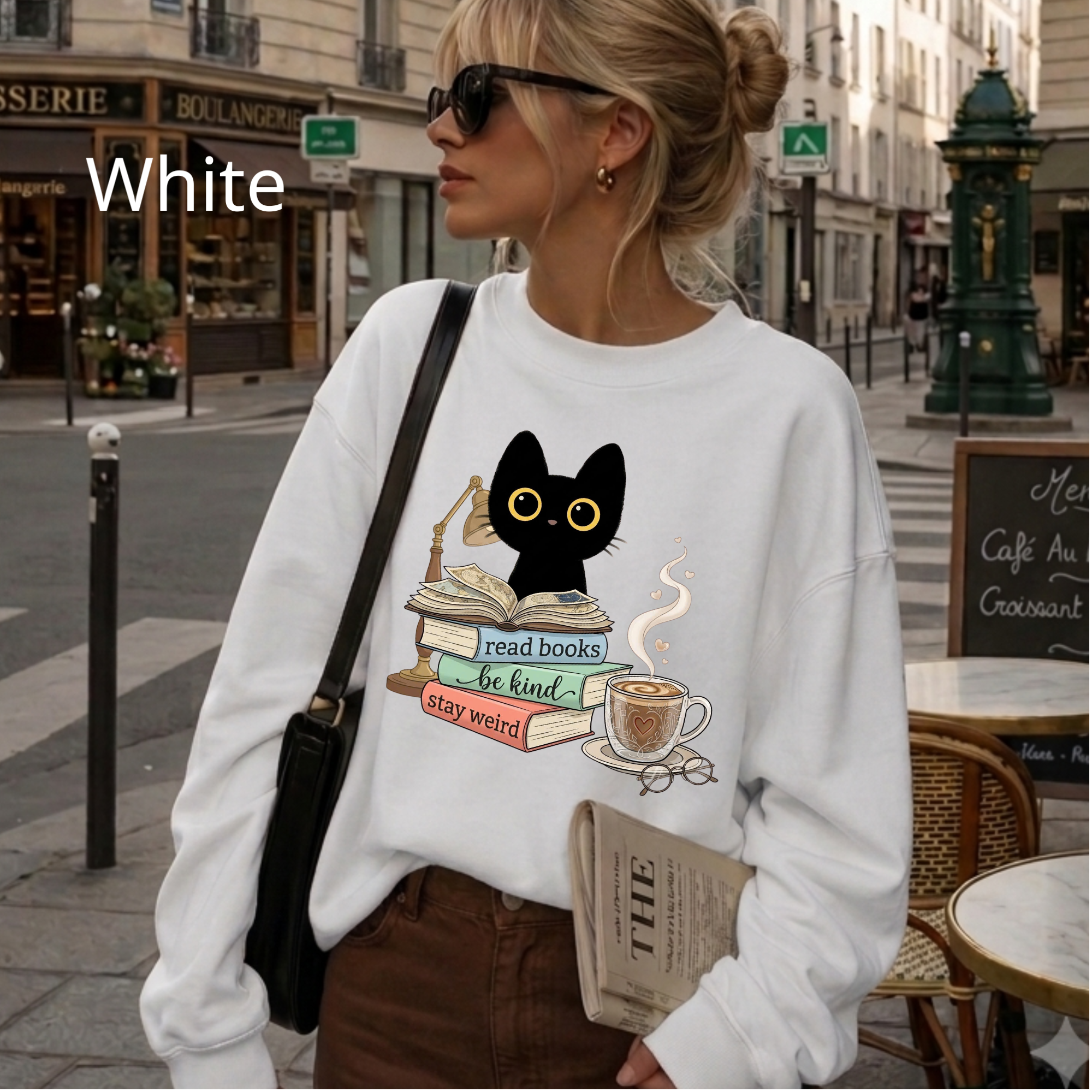 Cat & Books Crewneck — "Read Books, Be Kind, Stay Weird" Cozy Booklover Sweatshirt
